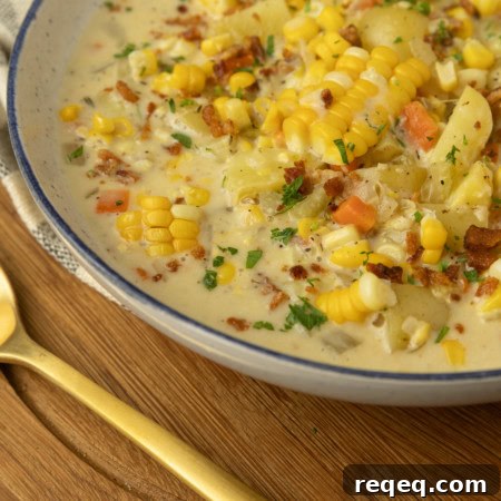 corn potato chowder in a bowl