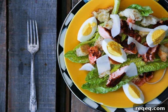 Blackened Salmon Caesar Salad with Torn Croutons from foodiewithfamily.com