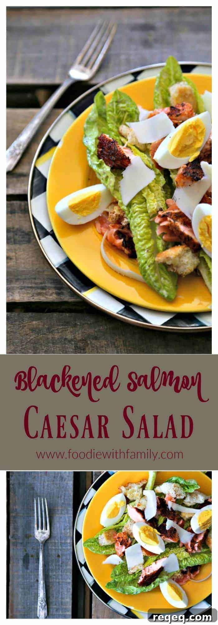 Blackened Salmon Caesar Salad Recipe for Grilled Fish Lovers 8 Simple, fresh, and filling main dish salad for spring! Blackened Salmon Caesar Salad with torn croutons, hard boiled egg, homemade dressing, and flaked blackened salmon gives the traditional Caesar salad a flavourful facelift!