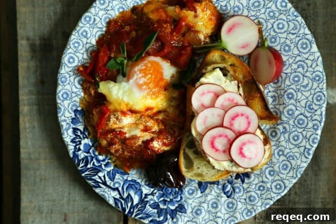 Portuguese Baked Eggs (Ovos à Portuguesa) — Rustic Brunch Recipe 3 Slightly spicy Portuguese Style Baked Eggs with radish and butter toast