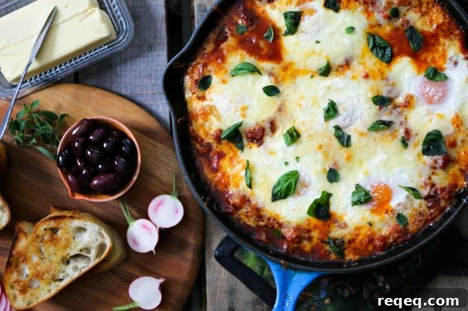 Portuguese Baked Eggs (Ovos à Portuguesa) — Rustic Brunch Recipe 4 Spicy tomato and red pepper sauce and cheese for Portuguese-style baked eggs
