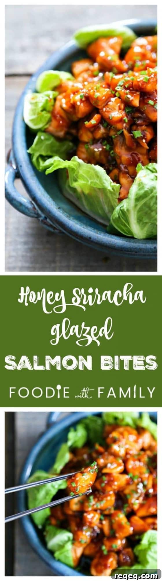 Honey Sriracha Glazed Salmon Bites – Sweet Spicy Salmon Skewers 6 Honey Sriracha Glazed Salmon Bites: Tender salmon tossed in a sticky, sweet, spicy mahogany sauce. Serve in lettuce wraps, or on hot rice.