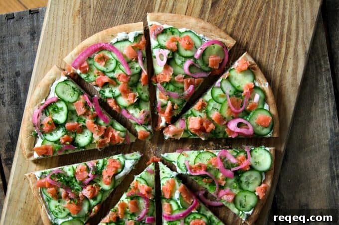 Smoked Salmon and Cucumber Flatbread Pizza Recipe 2 Smoked Salmon Cucumber Cream Cheese Pizza foodiewithfamily.com
