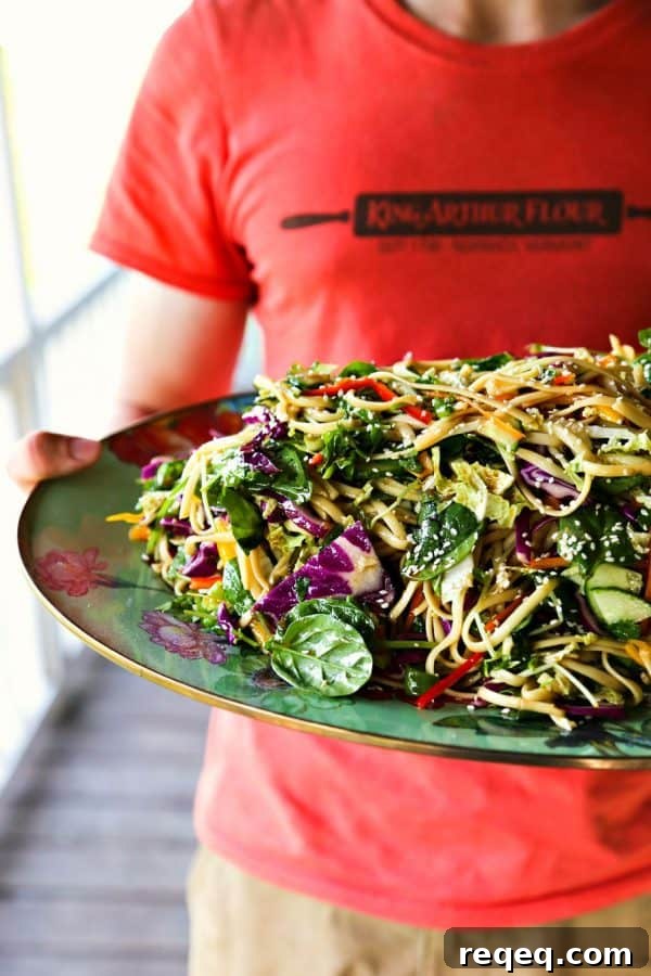Asian Noodle Salad with Sesame Ginger Dressing 2 Asian Pasta Salad with a garlic soy vinaigrette and loads of fresh vegetables from foodiewithfamily.com