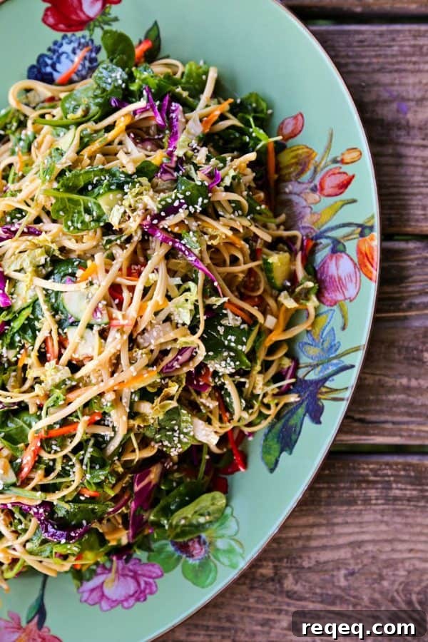 Asian Noodle Salad with Sesame Ginger Dressing 3 Asian noodle Salad with a garlic soy vinaigrette and loads of colourful, fresh vegetables on a Mackenzie Childs Platter.