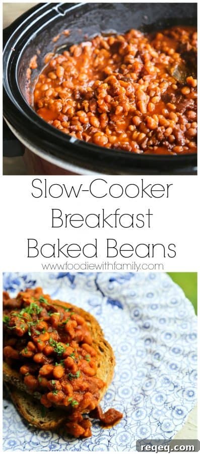 Slow-Cooker Breakfast Baked Beans with Bacon and Maple 5 Maple and coffee flavoured Slow-Cooker Breakfast Baked Beans full of Canadian Bacon and breakfast sausage from foodiewithfamily.com