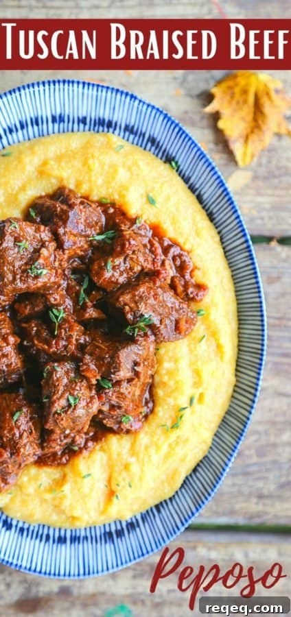 Peposo: Rustic Tuscan Braised Beef Stew Recipe 7 Tuscan Braised Beef in red wine sauce on creamy polenta in a blue and white dish.