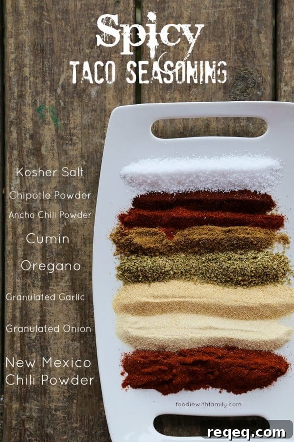 Spicy Taco Seasoning is simple and worlds tastier than commercial mixes. foodiewithfamily.comSpicy Taco Seasoningwith New Mexico, Ancho, and Chipotle chili powders is simple and worlds tastier than commercial mixes. foodiewithfamily.com