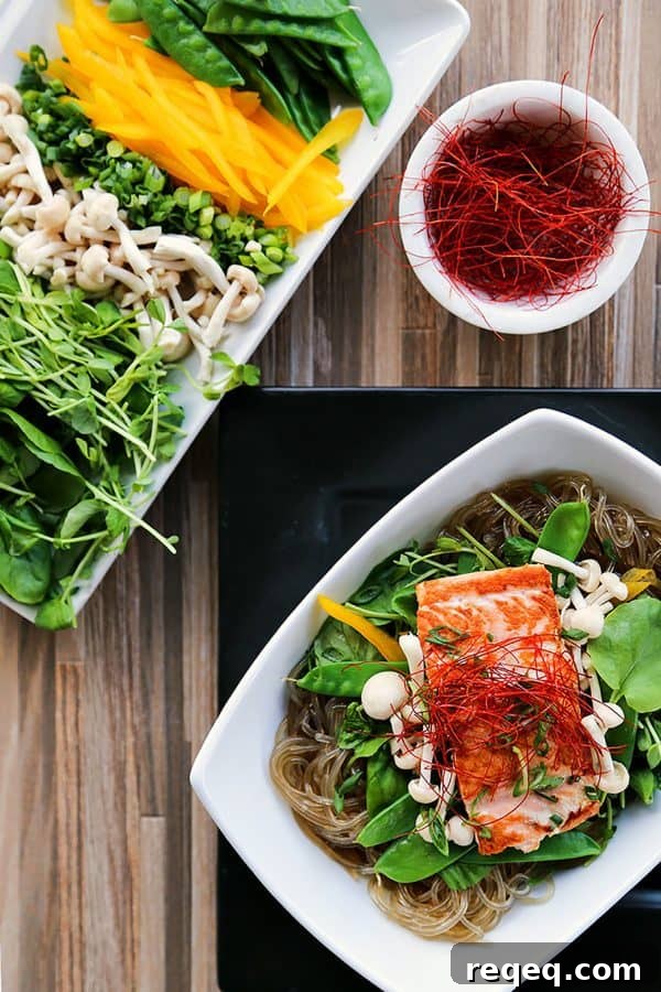 Asian Salmon Noodle Bowls with Greens and Sesame Ginger Dressing 3 Salmon + Greens Asian Noodle Bowls from foodiewithfamily.com with glass noodles