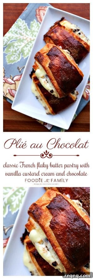 Plié au Chocolat: French Chocolate and Custard Pastry Recipe 4 Plié Au Chocolat: buttery puff pastry spread on one side with pastry cream & miniature chocolate chips, then folded, & baked to flaky, mahogany perfection.