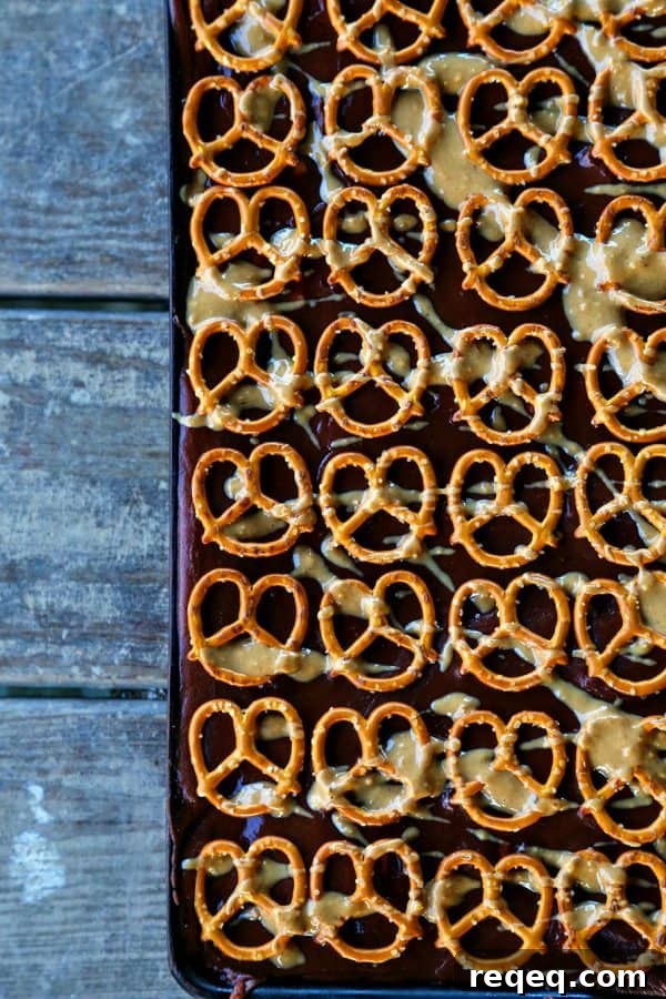 Peanut Butter Drizzled Chocolate Pretzel Sheet Cake from foodiewithfamily.com