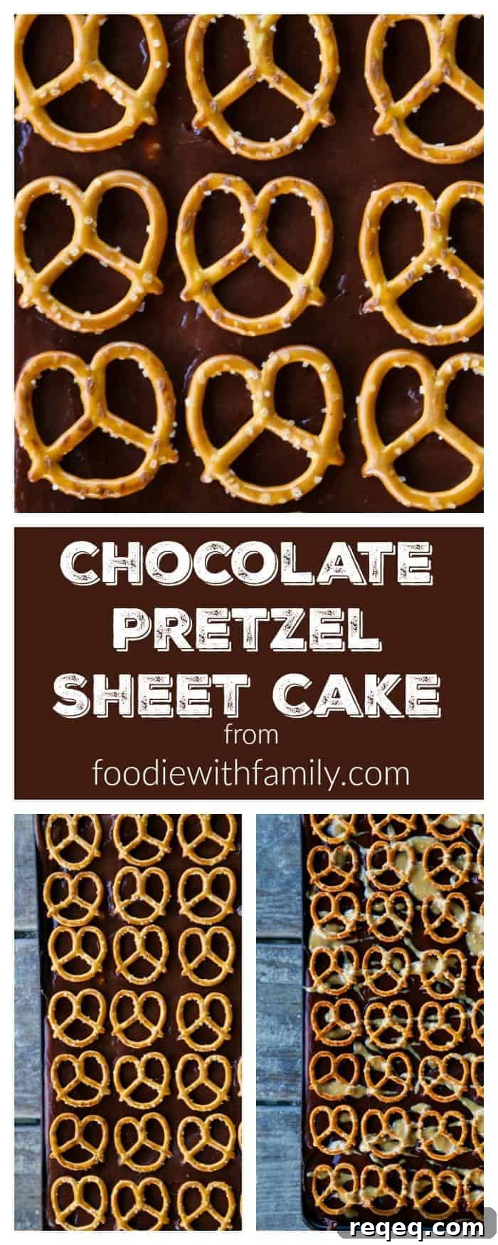 Chocolate Pretzel Sheet Cake with optional Peanut Butter Drizzle. So good. From foodiewithfamily.com