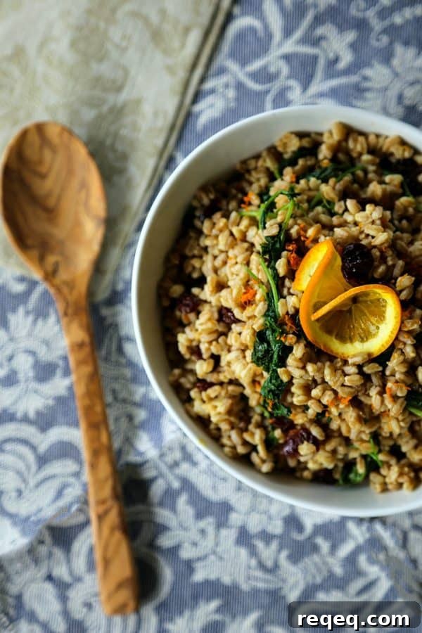 Kale and Farro Salad with Lemon-Parmesan Dressing 3 Garlicky Farro Salad with Kale, dried cherries, and orange from foodiewithfamily.com