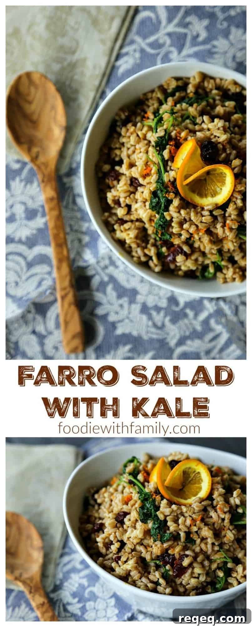 Kale and Farro Salad with Lemon-Parmesan Dressing 5 Garlicky Farro Salad with Kale, dried cherries, and orange from foodiewithfamily.com