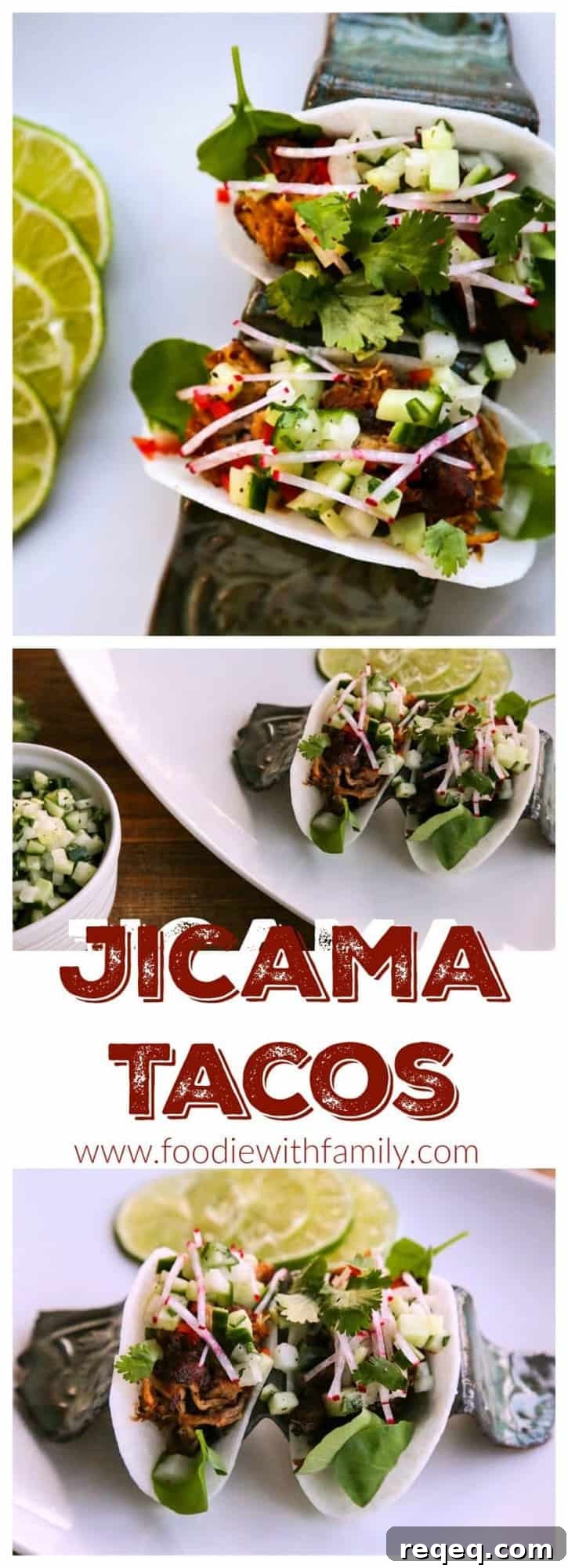 Crispy Jicama Tacos with Fresh Lime & Avocado crema 6 Jicama Tacos with carnitas, cucumber onion salsa, radishes, and cilantro.