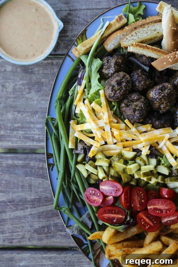 Cheeseburger Salad Recipe: Classic Burger Flavors in a Bowl 2 Cheeseburger Salad with sesame bun croutons, grilled meatballs, green onions, cheese, pickles, tomatoes, and fries.