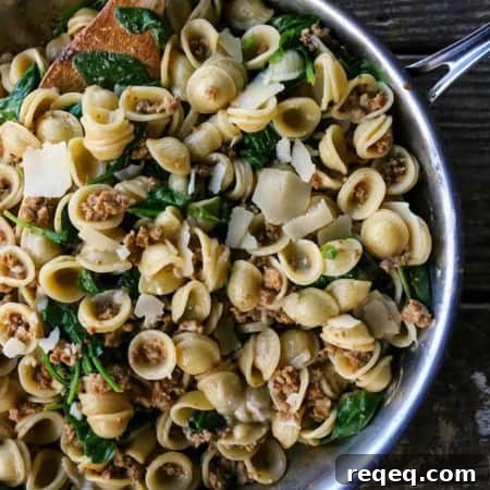 Creamy Spinach Sausage Pasta is a perfect, fast, weeknight meal that is good enough to serve to company.