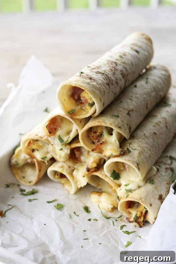 Crispy Baked Breakfast Taquitos with Eggs & Cheese 2 Baked Breakfast Taquitos with ham, eggs, pepperjack, and scallions.