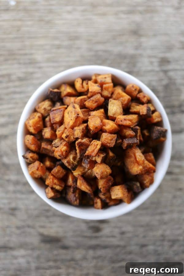 Crispy Sweet Potato Croutons for Salads and Soups 2 Crunchy, crispy, baked Sweet Potato Croutons from foodiewithfamily.com