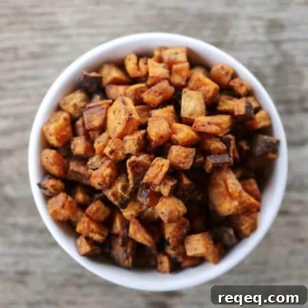 Crunchy, crispy, baked Sweet Potato Croutons from foodiewithfamily.com