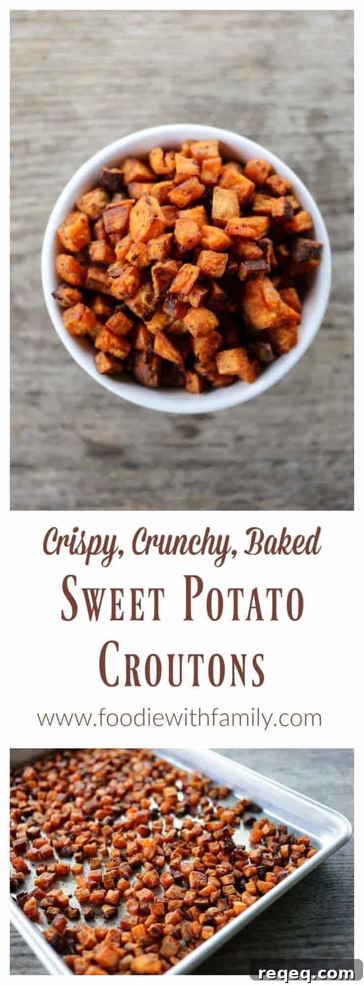 Crispy Sweet Potato Croutons for Salads and Soups 5 Crunchy, crispy, baked Sweet Potato Croutons from foodiewithfamily.com