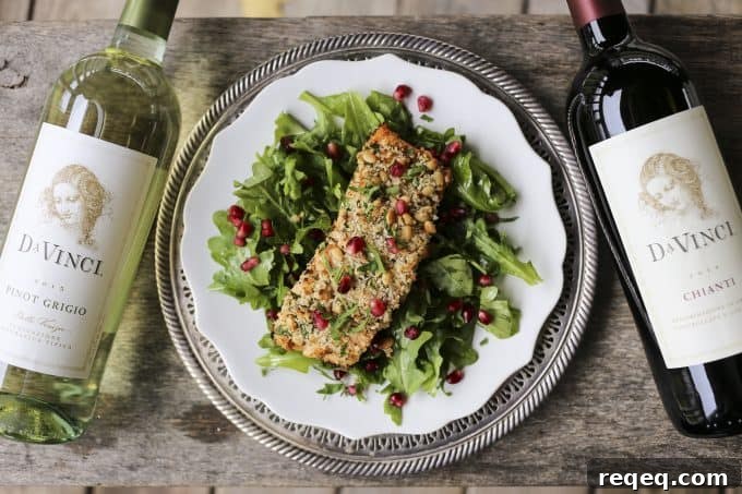 Crispy-Skinned Salmon with Pine Nut and Parsley Crust 3 This simple and stunning Crispy Skin Salmon with Pine Nut and Parsley Crust is a showstopper of a main dish or a beautiful part of any Feast of the Seven Fishes and pairs equally well with red or white wine. #sponsored