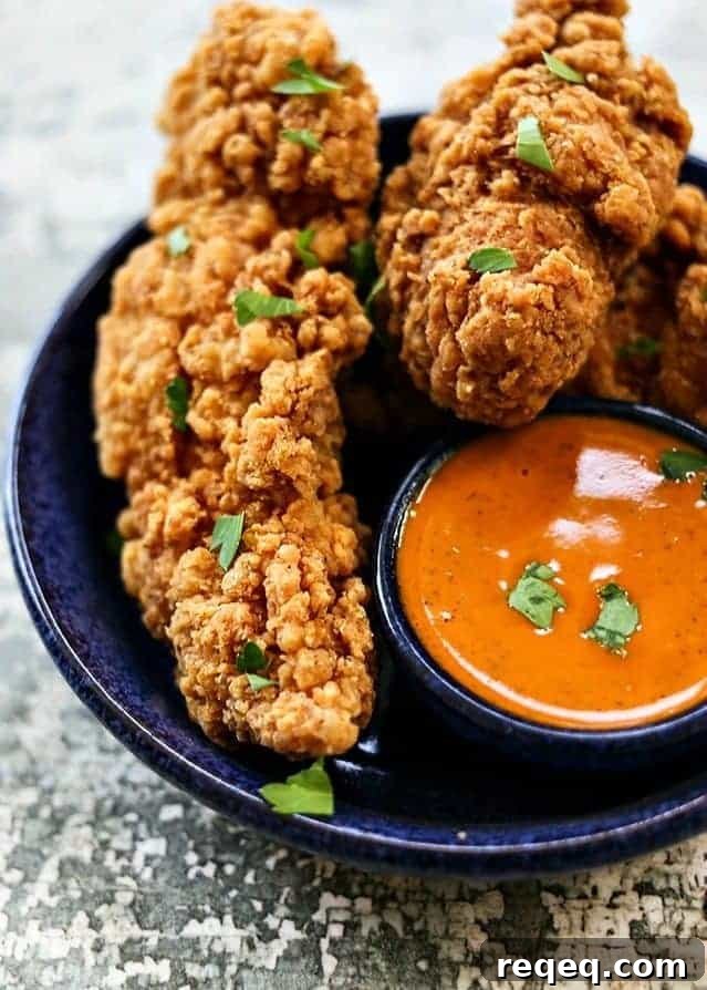 Garlic Buffalo Sauce with chicken tenders in a blue plate.