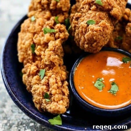 Garlic Buffalo Sauce with chicken tenders in a blue plate.