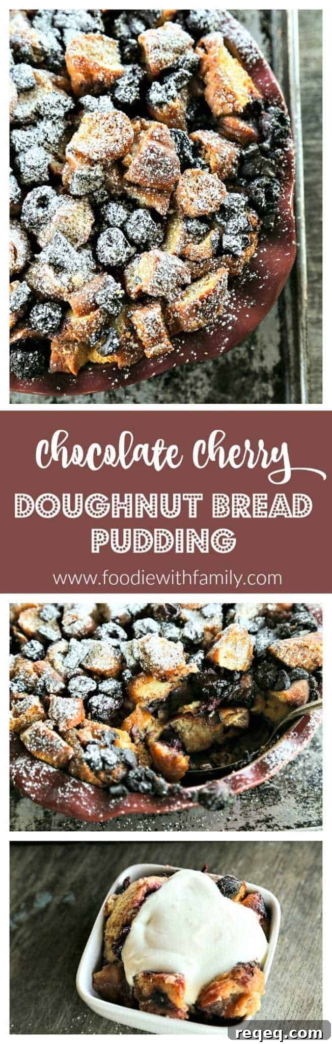 Chocolate Cherry Doughnut Bread Pudding Recipe for Decadent Brunch 5 Chocolate Cherry Doughnut Bread Pudding is the creamiest, richest, most souffle-like bread pudding of leftover doughnuts, dark chocolate chunks, and sweet, black cherries.
