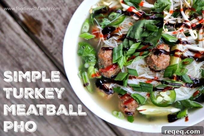 Simple Turkey Meatball Pho; a quick hack to make a fragrant, delicious pho broth from store bought stock or broth plus flavourful Asian Turkey Meatballs and a generous amount of fresh herbs and vegetables.
