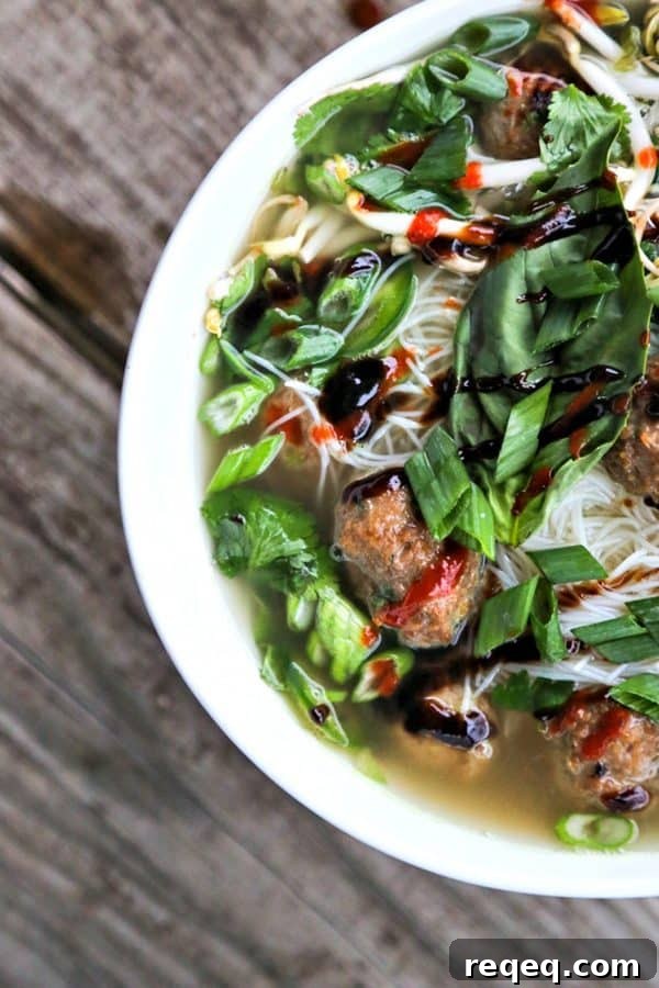 Simple Turkey Meatball Pho; a quick hack to make a fragrant, delicious pho broth from store bought stock or broth plus flavourful Asian Turkey Meatballs and a generous amount of fresh herbs and vegetables.