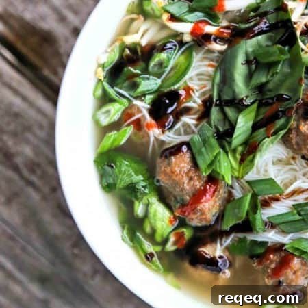 Simple Turkey Meatball Pho; a quick hack to make a fragrant, delicious pho broth from store bought stock or broth plus flavourful Asian Turkey Meatballs and a generous amount of fresh herbs and vegetables.