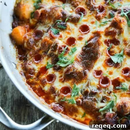 Pepperoni Pizza Gnocchi is all the flavours of pizza in pillowy gnocchi sauteed in a little butter; ; garlicky pizza sauce, pepperoni, stirred into the gnocchi, covered with a generous layer of melted mozzarella, pepperoni, and a shower of fresh parsley. Bonus: It's braces friendly!
