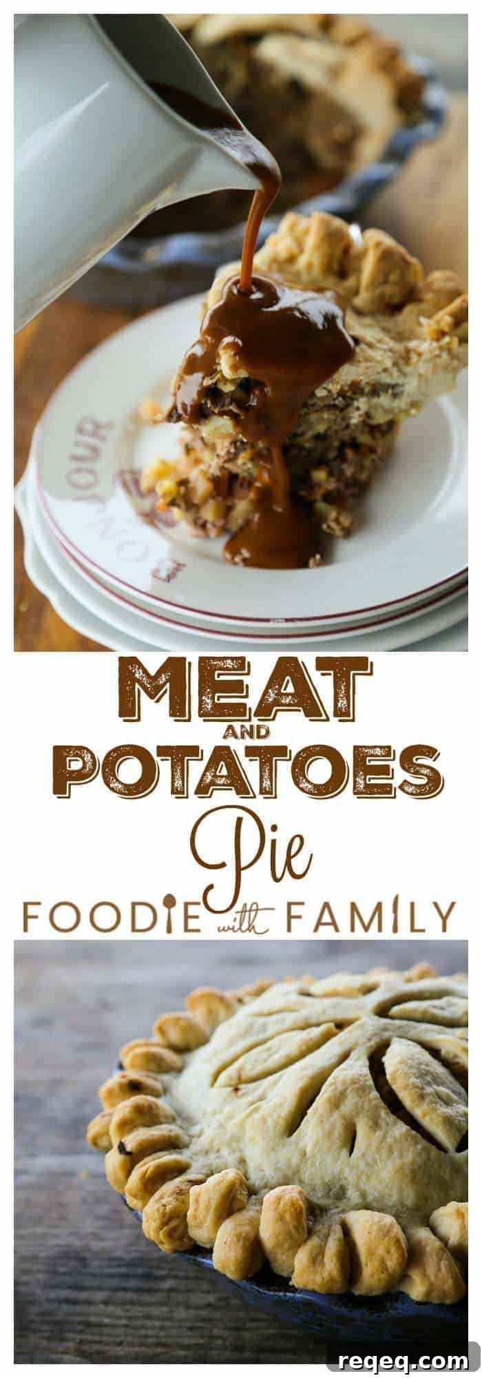 Hearty Meat-and-Potatoes Pie Recipe for Comforting Dinners 5 Meat and Potatoes Pie: flaky butter crust filled to bursting with lean beef or venison, potatoes, onions, carrots, rutabaga, and baked to perfection before being topped with luscious brown gravy!