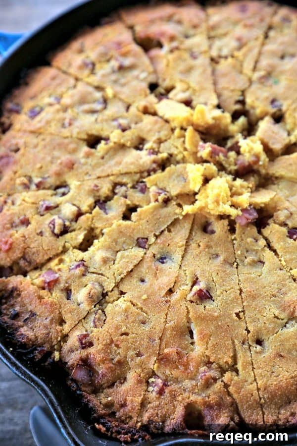 Toasty Ham Cheddar Onion Cornbread is buttermilk cornbread bursting with golden brown ham cubes, caramelized onions, and pockets of melted Cheddar cheese.