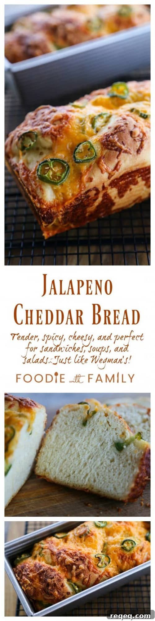 Jalapeno Cheddar Bread: tender sandwich bread studded with fresh jalapeno slices and lovely melted cheddar cheese with a thick cap of toasted cheddar on top. Just like Wegman's bakery bread!