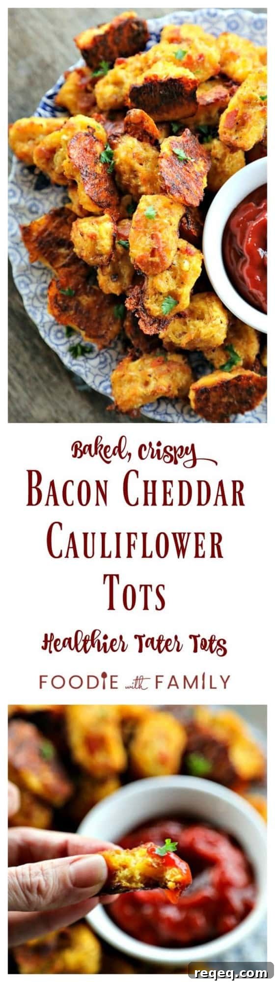 Bacon Cheddar Cauliflower Tots — Low-Carb Tater Tot Recipe 6 Baked, crispy, Bacon Cheddar Cauliflower Tots {Healthier Tater Tots} are the ultimate in crispy, cheesy perfection. You'd never know they're lower carb than tater tots and honestly, you'd be hard pressed to know they're NOT tater tots.