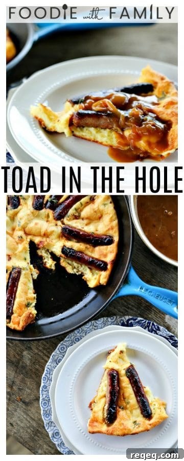 Toad in the Hole is a savoury, flavourful, thyme dotted, crisp-edged puff pancake cooked with roasted sausages & drippings with onion gravy spooned over.