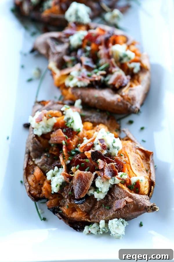 Crispy Smashed Sweet Potatoes with Bacon & Bleu Cheese 3 Crisp on the edges and tender at the center, these Smashed Sweet Potatoes with Bacon and Bleu Cheese are a simple but stunning side dish to accompany any grilled or roasted meat or a lovely light meal on their own.