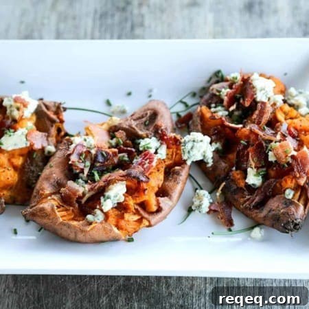 Crisp on the edges and tender at the center, these Smashed Sweet Potatoes with Bacon and Bleu Cheese are a simple but stunning side dish to accompany any grilled or roasted meat or a lovely light meal on their own.