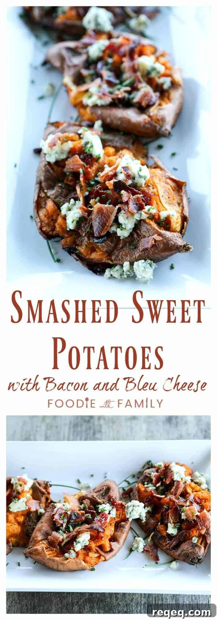 Crispy Smashed Sweet Potatoes with Bacon & Bleu Cheese 5 Crisp on the edges and tender at the center, these Smashed Sweet Potatoes with Bacon and Bleu Cheese are a simple but stunning side dish to accompany any grilled or roasted meat or a lovely light meal on their own.