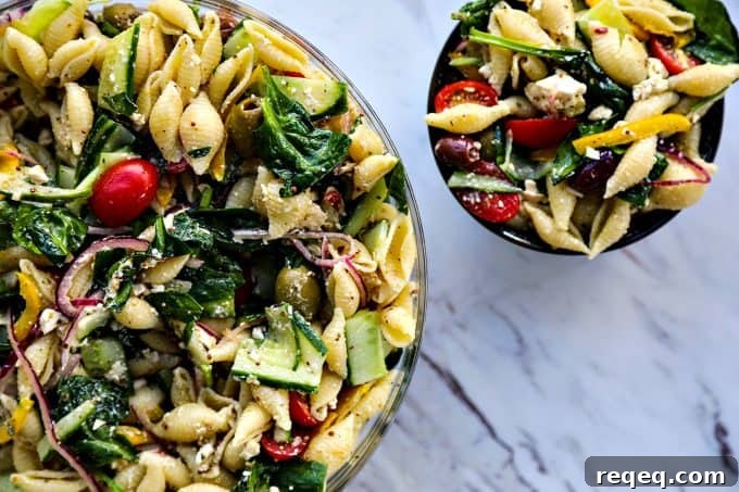 Greek Vegetable Pasta Salad for Veggie Lovers 2 Vegetable lovers rejoice! This Veggie Lover's Greek Pasta Salad is absolutely bursting with baby spinach, cucumbers, tomatoes, bell peppers, Greek olives, and red onions all in a tantalizing garlicky herbed lemon dressing.