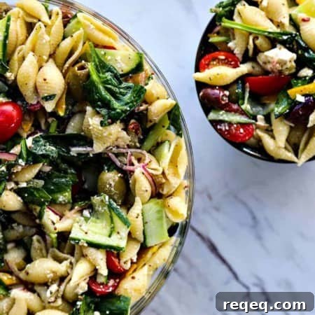 Greek Vegetable Pasta Salad for Veggie Lovers 4 Vegetable lovers rejoice! This Veggie Lover's Greek Pasta Salad is absolutely bursting with baby spinach, cucumbers, tomatoes, bell peppers, Greek olives, and red onions all in a tantalizing garlicky herbed lemon dressing.