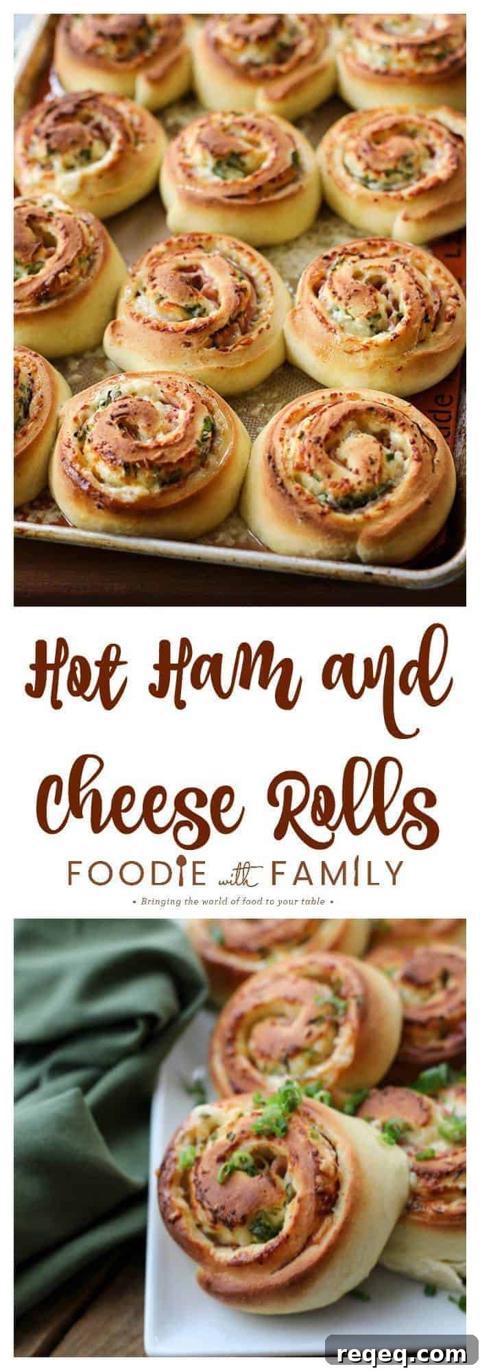 Hot Ham and Cheese Rolls: best bread dough wrapped around smoky ham, piles of Cheddar cheese, and green onions, sliced, and baked to tender perfection.