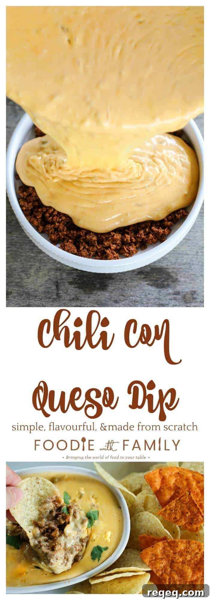 Spicy Chili con Queso Dip Recipe for Parties and Game Day 7 Ooey-gooey, chile studded heavenly queso smothers your favourite chili for a bowl of the ultimate Chili Con Queso Dip. Get those chips ready to go!