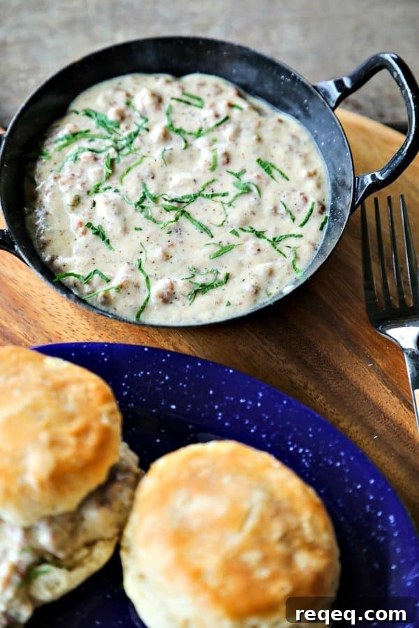 Southern Classic Sausage Gravy Recipe with Biscuits and Tips 2 Classic Sausage Gravy will never win any accolades for being beautiful, but it is ultimately comforting and beyond simple.