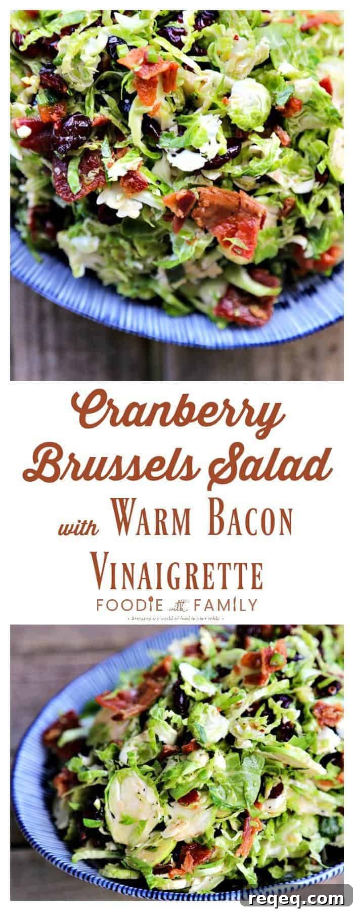Cranberry Brussels Sprout Salad with Bacon Vinaigrette 4 Cranberry Brussels Salad with Bacon Vinaigrette: crisp-tender Brussels sprouts with tart, sweet dried cranberries and a warm bacon, green onion vinaigrette.