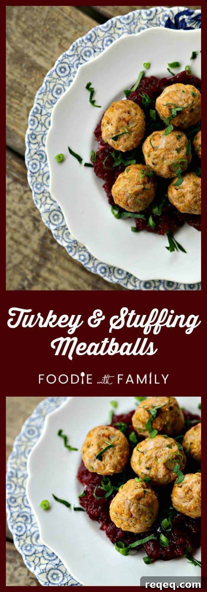 Turkey and stuffing meatballs made with cornbread stuffing mix, onions, celery, sage, and garlic softened in butter.