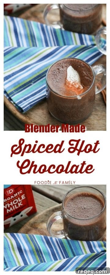 Creamy, rich, blender made spiced hot chocolate is made with just two main ingredients: good chocolate and milk. It has just a hint of warming cinnamon, nutmeg, and cayenne and is as easy as the powdered packets but worlds better.