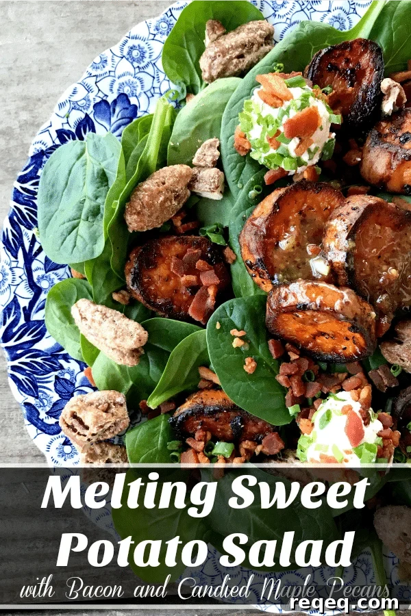 Melting Sweet Potato Salad: tender baby spinach salad with gorgeous, caramelized, deep orange melting sweet potato rounds, crumbled bacon, goat cheese crusted with more bacon and fresh chives, candied maple pecans, and an irresistible hot bacon vinaigrette dressing.